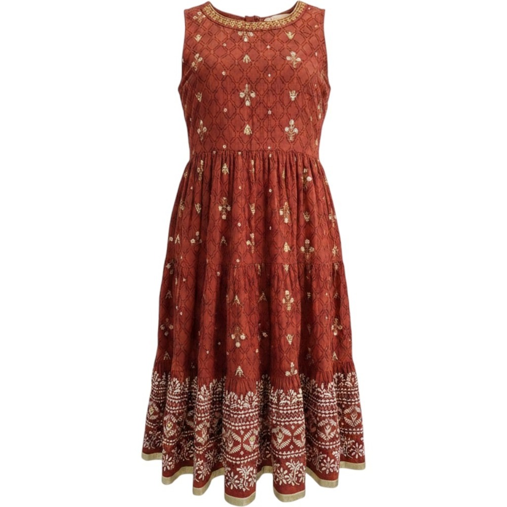 Fusion Girls Rust Red Gold Foil Floral Tiered Midi Dress Size 9-10Y 70cm